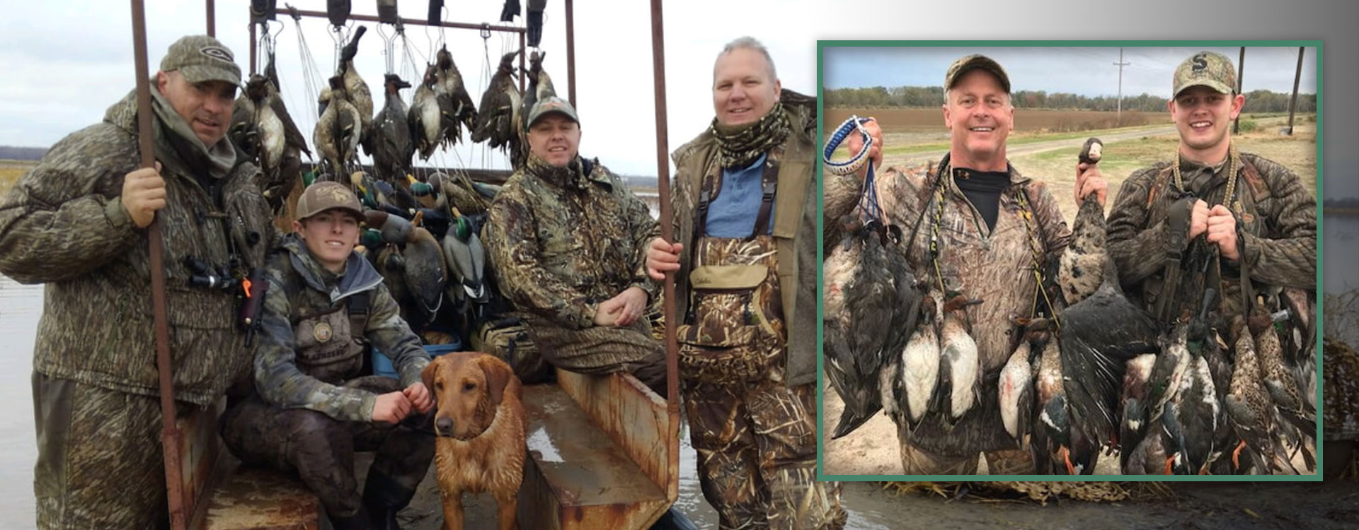 Large group of happy duck hunters with a full bag at Blazn Guns Hunting lodge in Arkansas